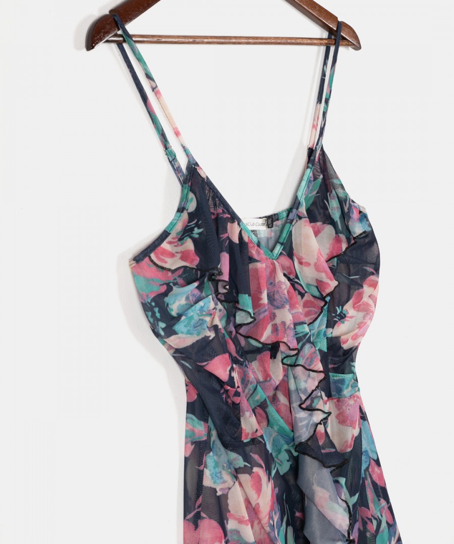 Φόρεμα Παραλίας με Διαφάνεια & Βολάν, σχέδιο Floral