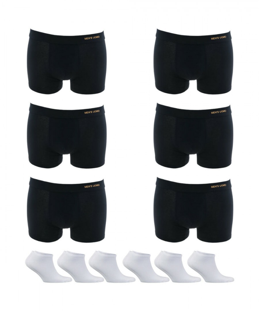 Άνδρικά βαμβακερά μαύρα μπόξερ UOMO, και λευκές βαμβακερές κάλτσες έξι τεμάχια