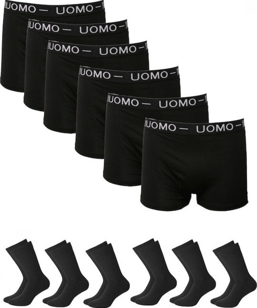 Άνδρικά βαμβακερά εσώρουχα μπόξερ μαύρα UOMO και Μαύρες βαμβακερές κάλτσες πετσετέ 6 τεμάχια